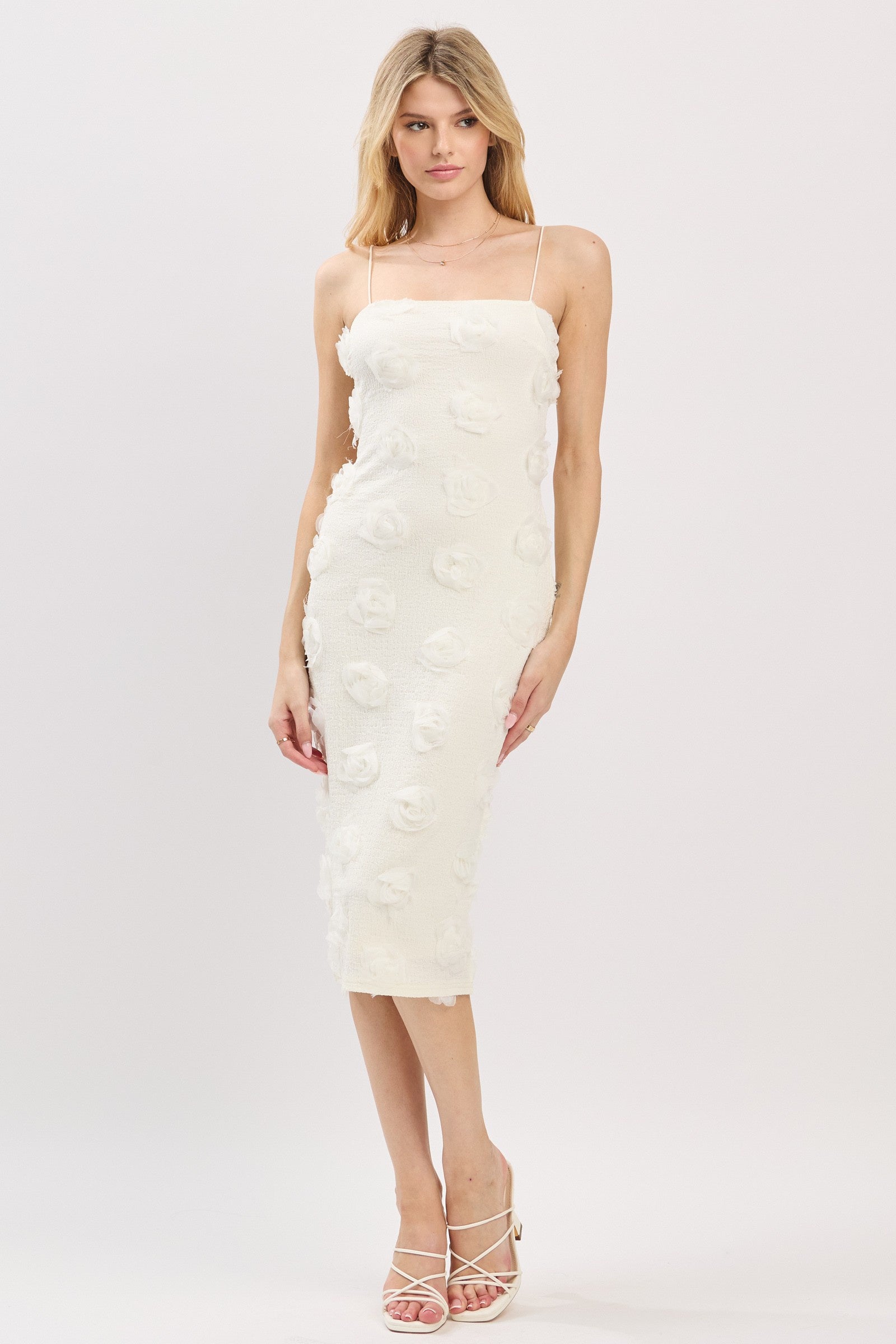 3d Textured Woven Sleeveless Floral Midi Dress