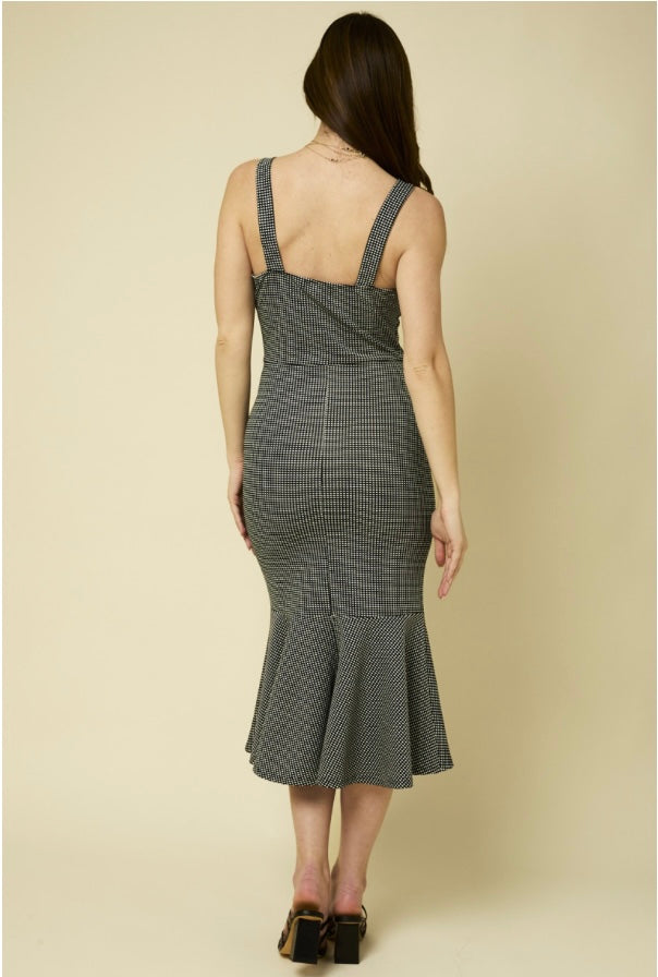 Sleeveless Check Print Mermaid Midi Dress