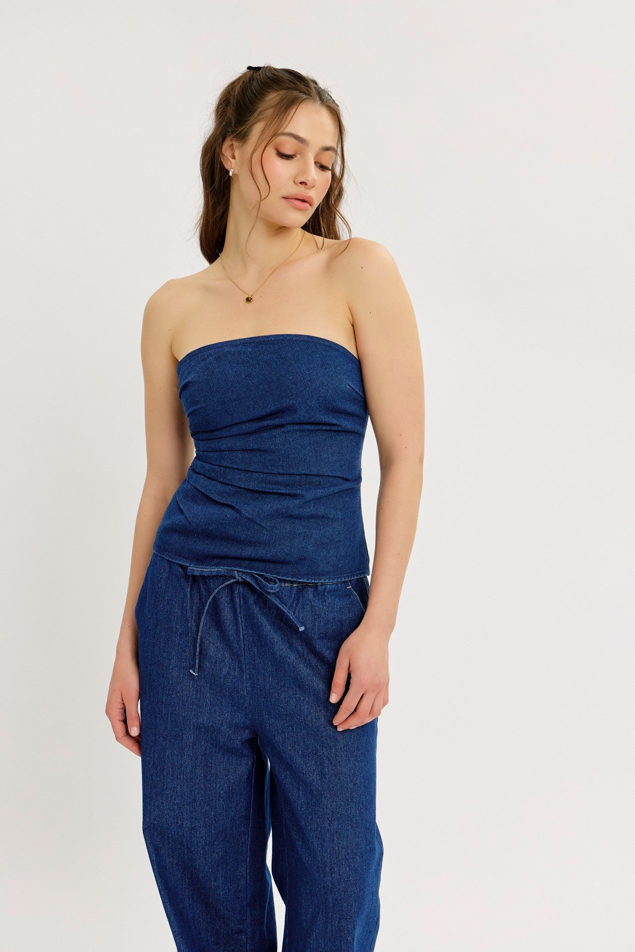Pleated Detail Fitted Denim Tube Top