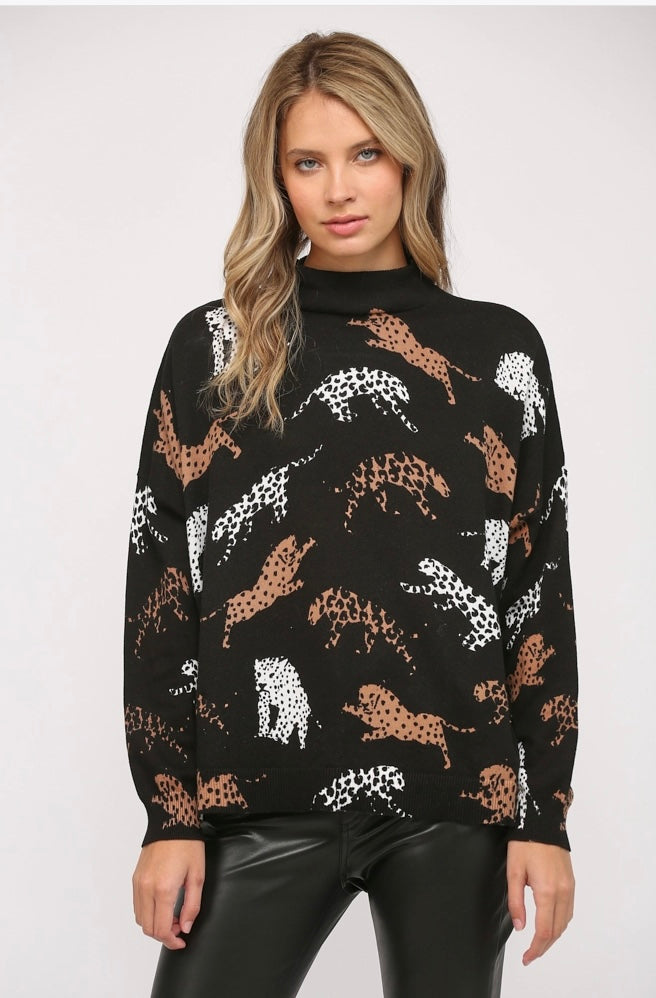 Animal Print Mock Neck Sweater