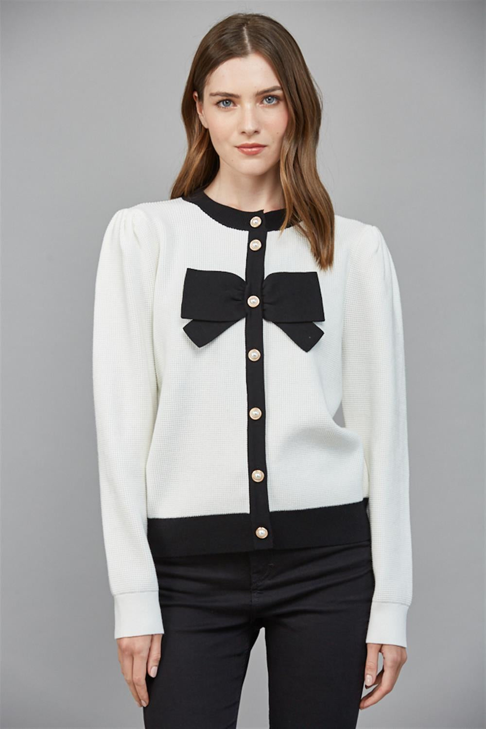 Cream & Black Large Bow Detail Button-Front Cardigan – Elegant Contrast Knit Top