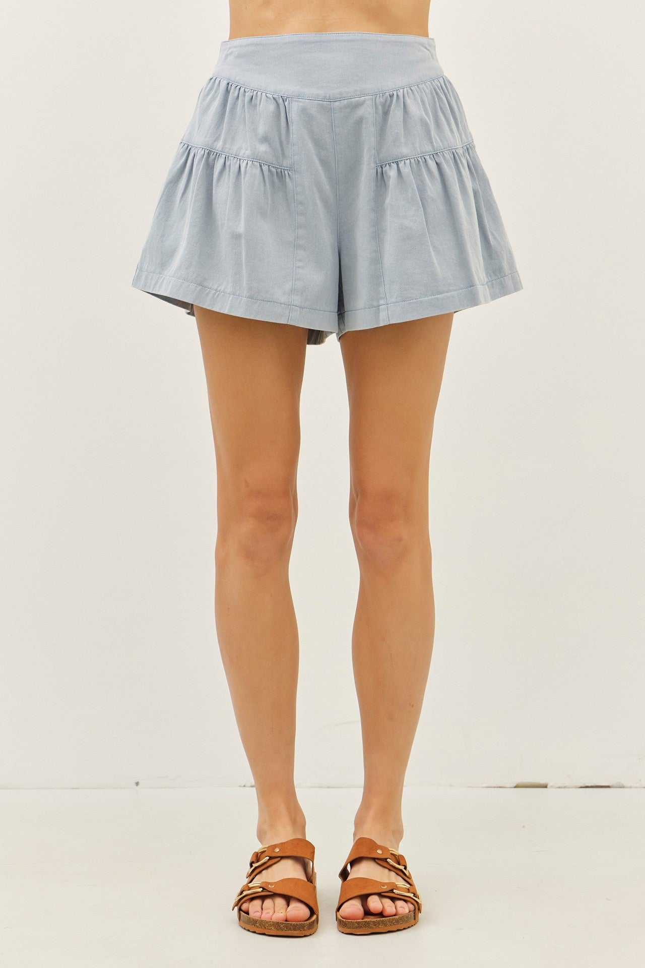 WASHED FLARE SHORTS WITH BACK ELASTIC WAISTBAND
