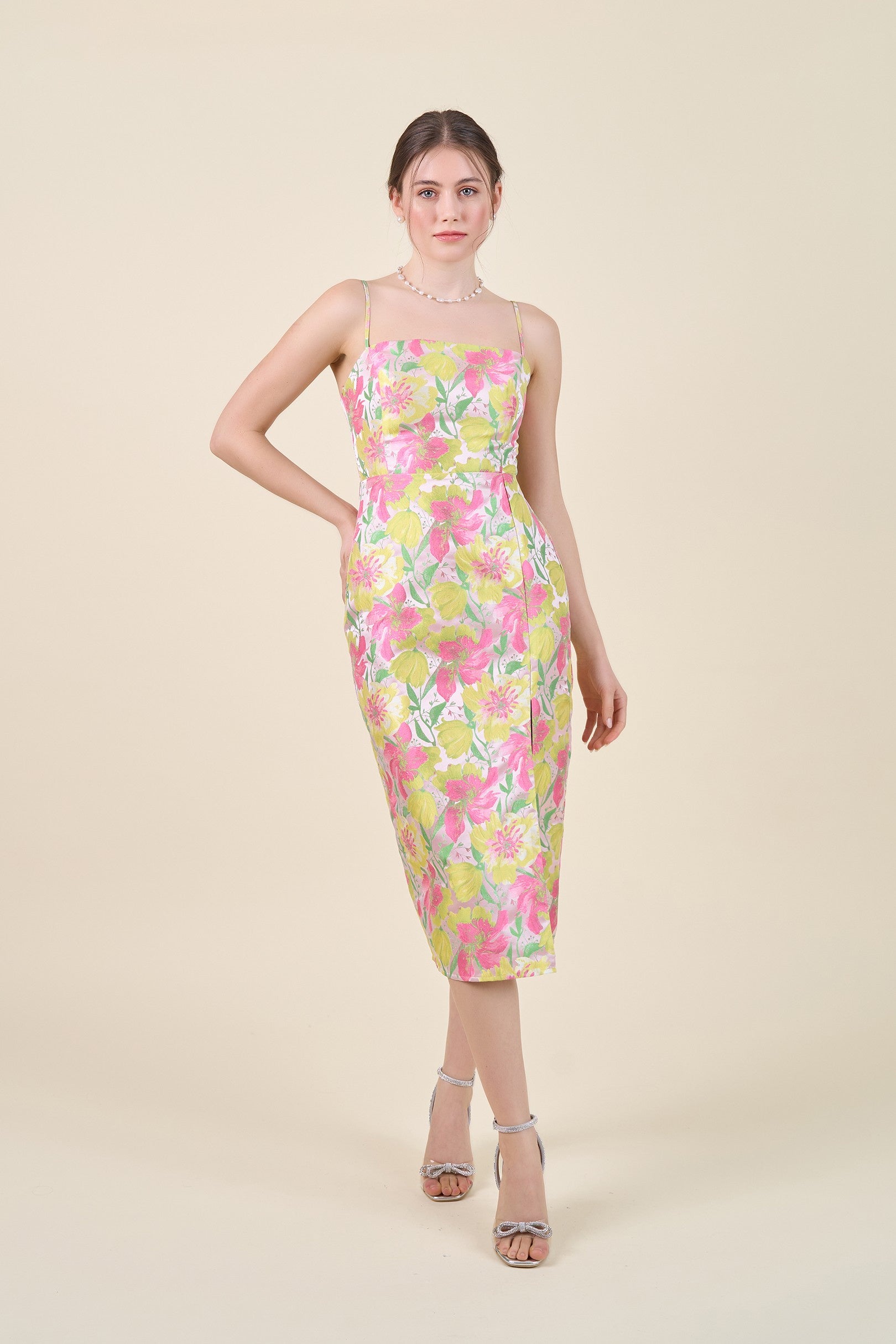 Always In Bloom Floral Jacquard Slit Dress