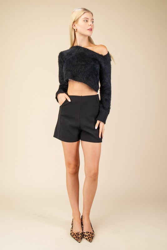 Asymmetrical Neck Long Sleeve Crop Sweater