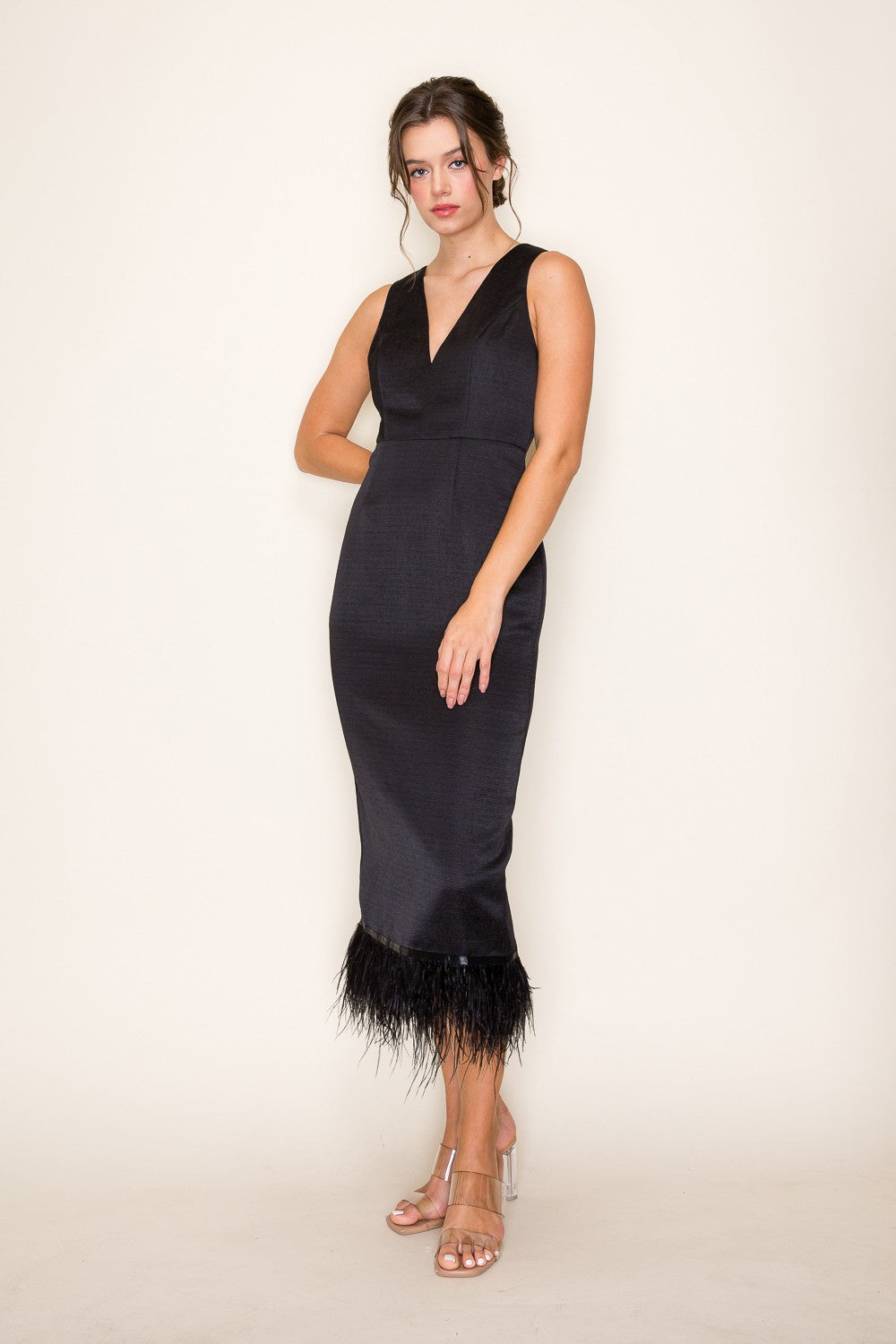V-neck column midi dress feathered hem with bow