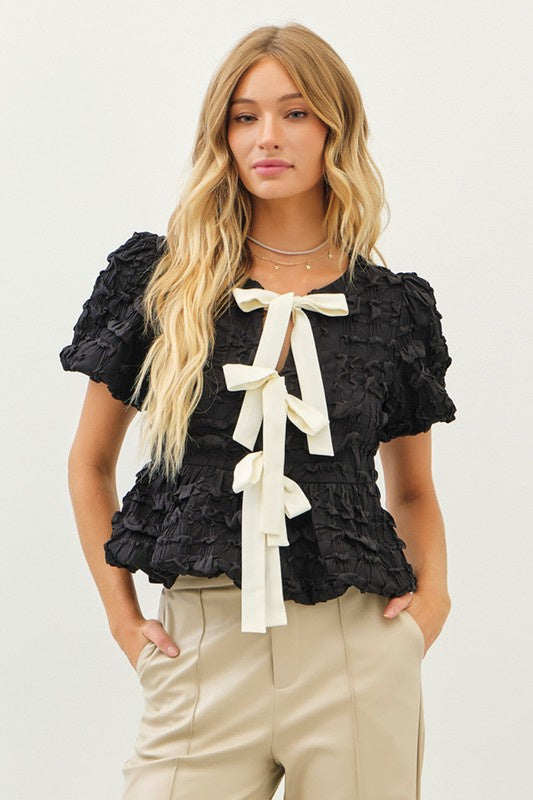 Bubble Babydoll Blouse With Contrast Bow Tie