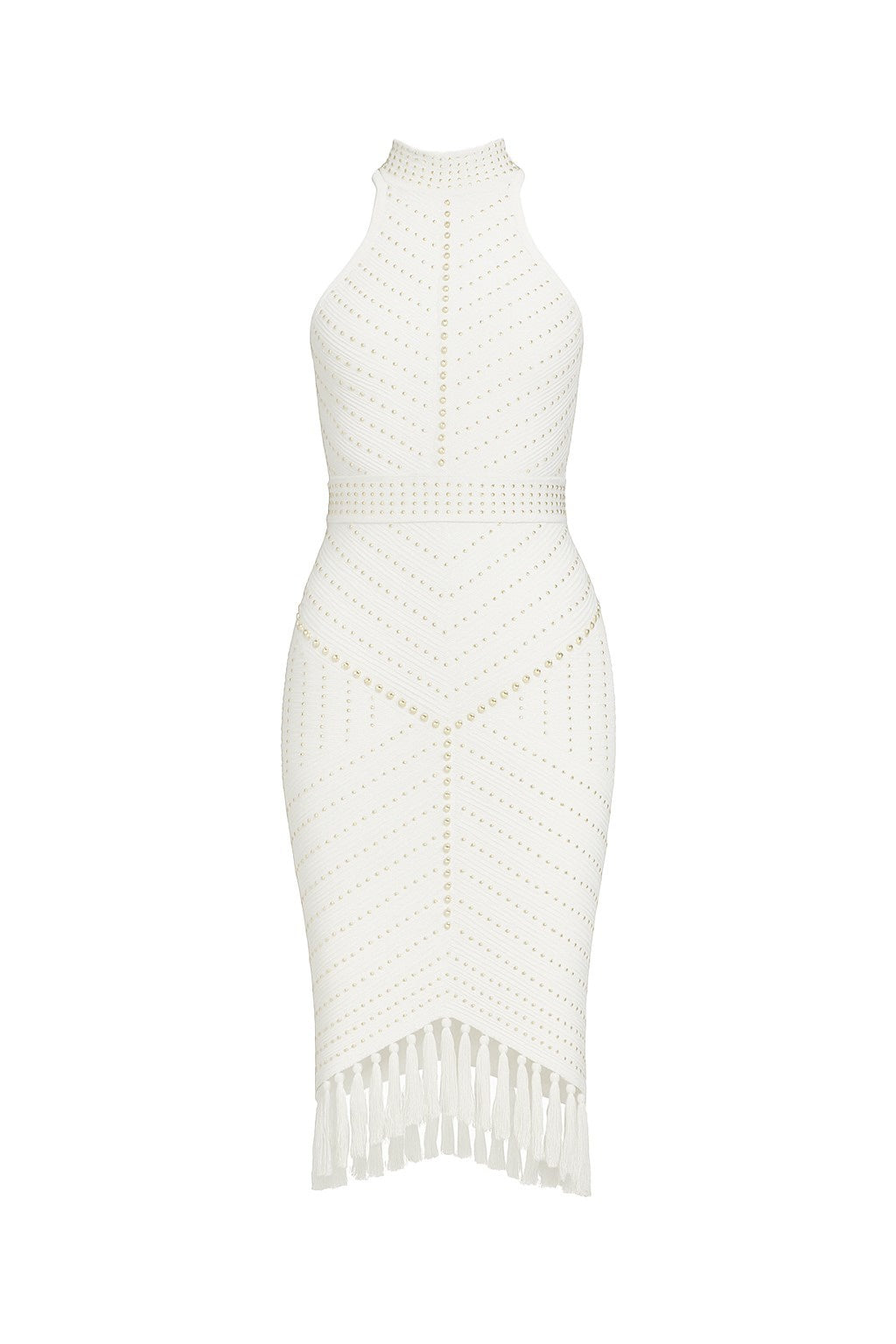 Bandage Halter Pearl Embellished Dress – White Bodycon Midi with Fringe Hem
