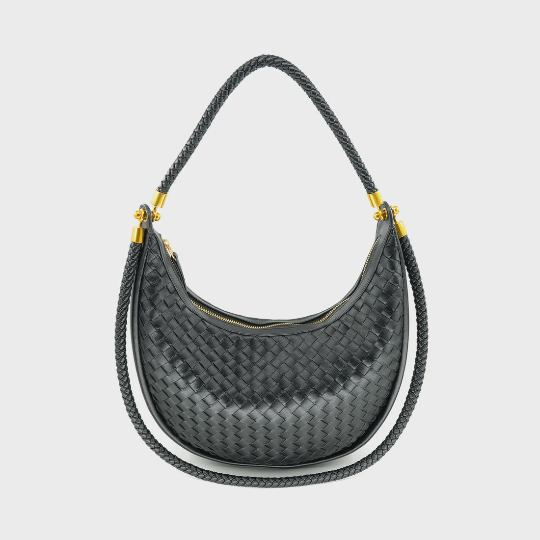 Black Woven Shoulder Bag – PU Leather Large Hobo Handbag with Dual Braided Straps