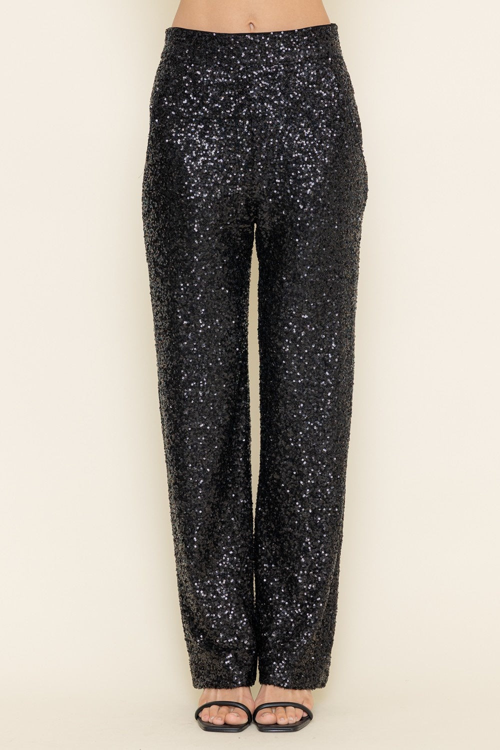 Black Sequined Pants with Side Zip Closure – Glam Party Trousers