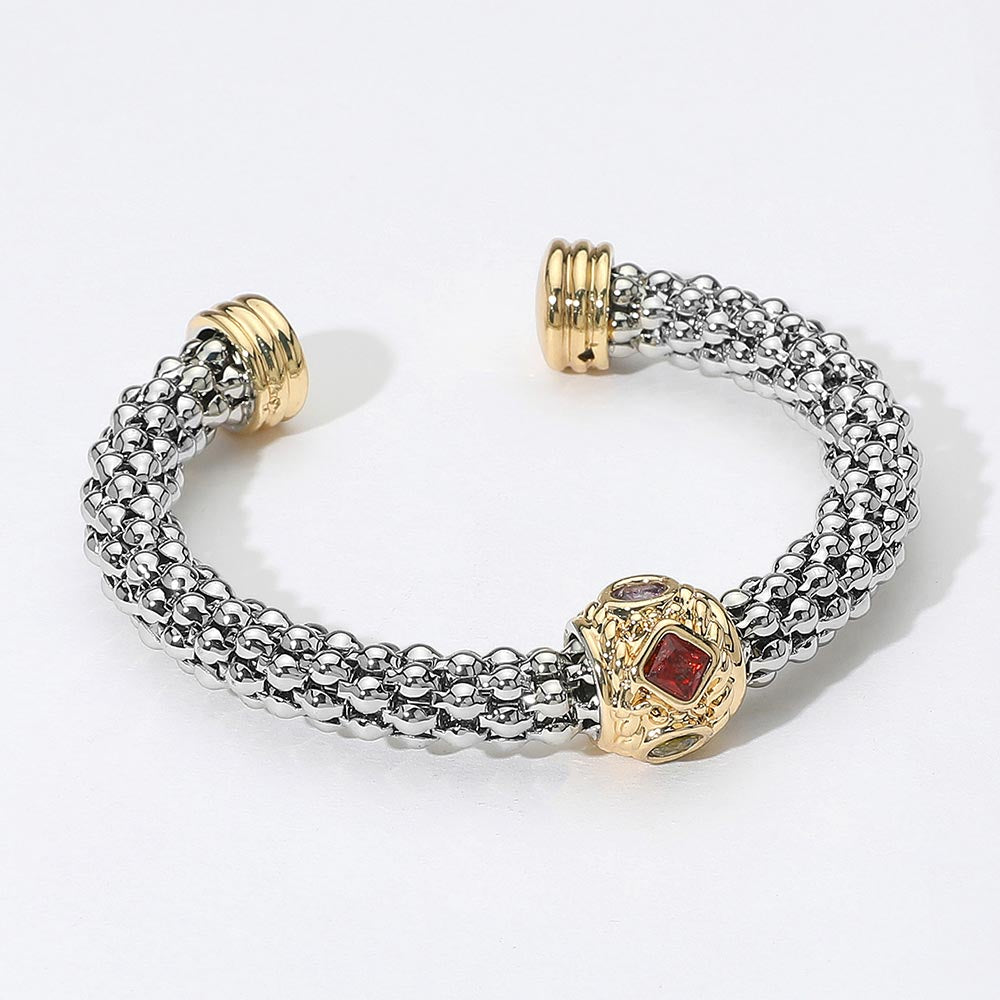 Colorful CZ Stone Two Tone Mesh Cuff Bracelet