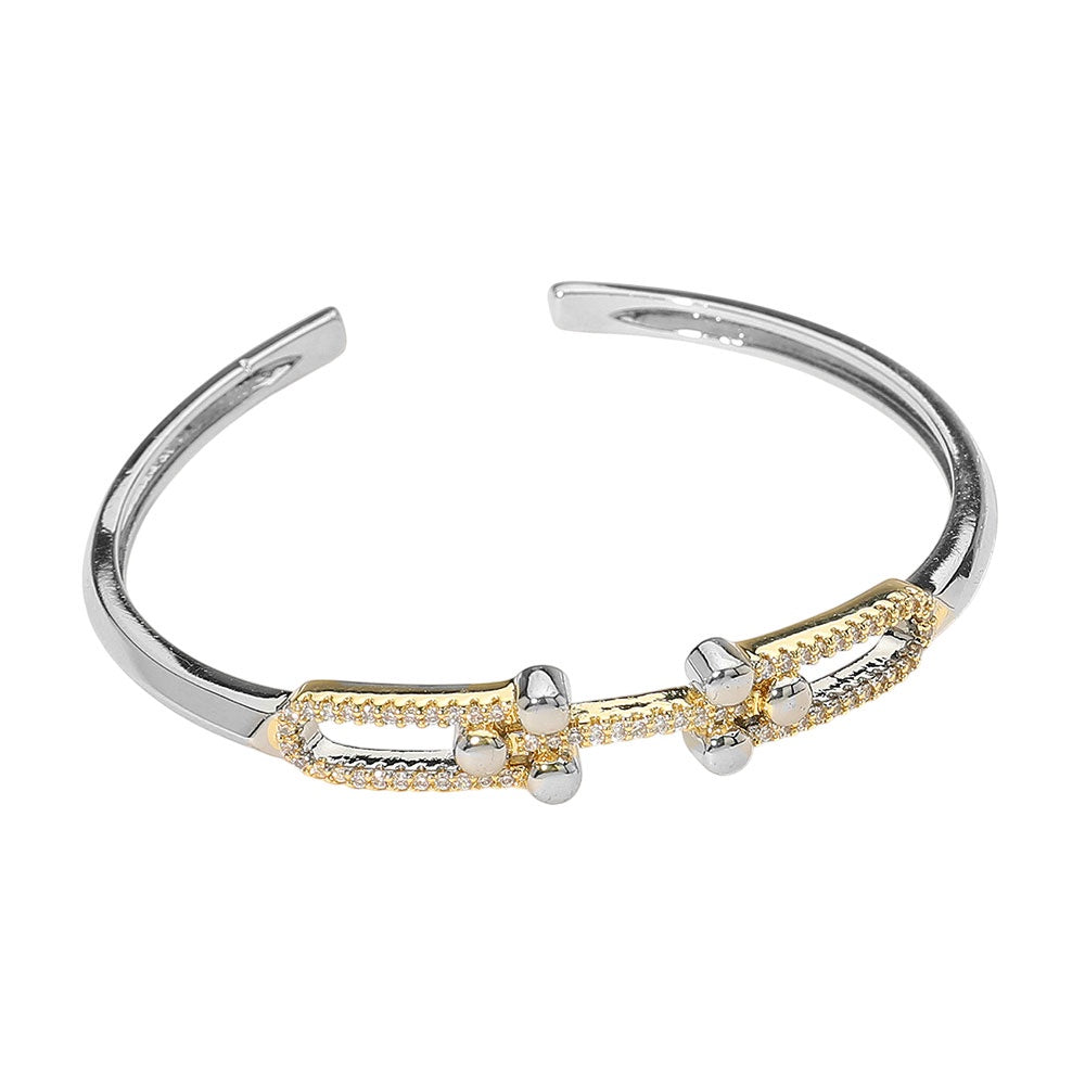 Stone Paved Double Hardware Accent Cuff Bracelet
