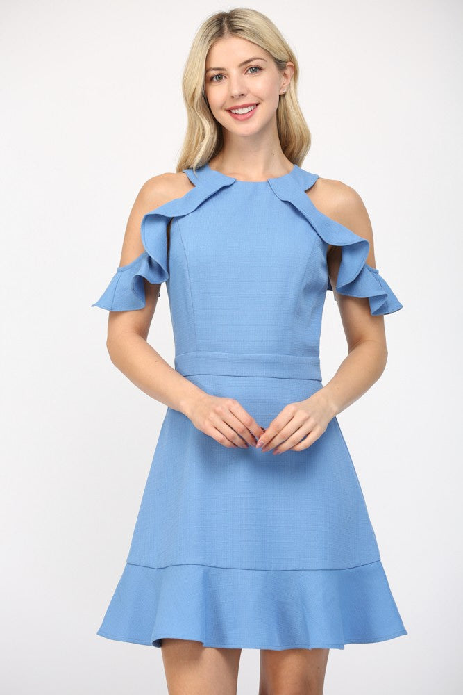 Cold Shoulder Mini Dress With Ruffle Sleeves