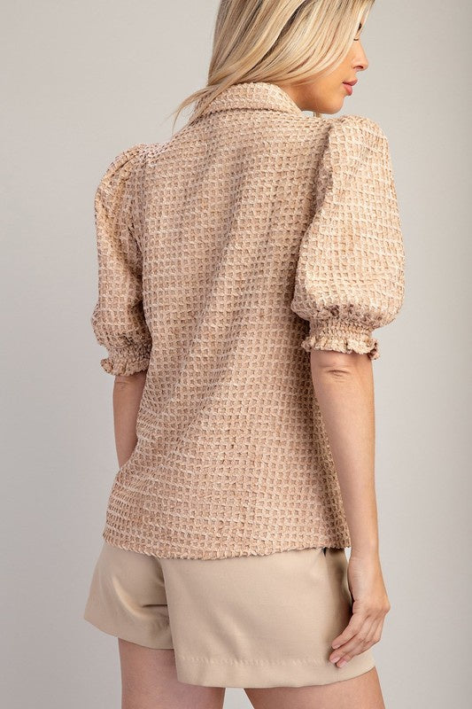 Collar Neck Puff Sleeve Button Down Texture Shirt
