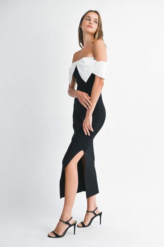 Contrst Bow Detail Off Shoulder Knit Midi Dress