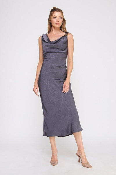 Crinkled Satin Cowl Neck Midi Dress w/ Brooch Detail