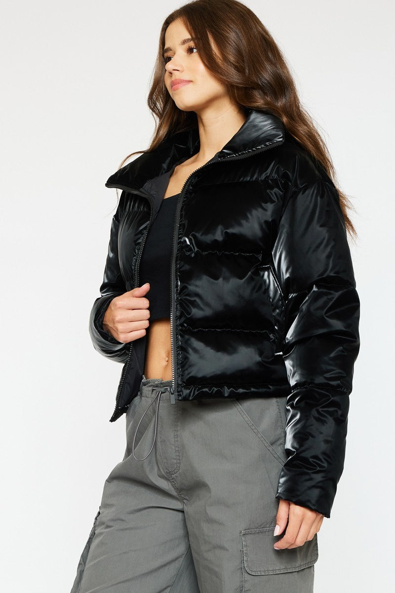 Cropped Black Puffer Jacket with Drawstring Hem & Exposed Zipper