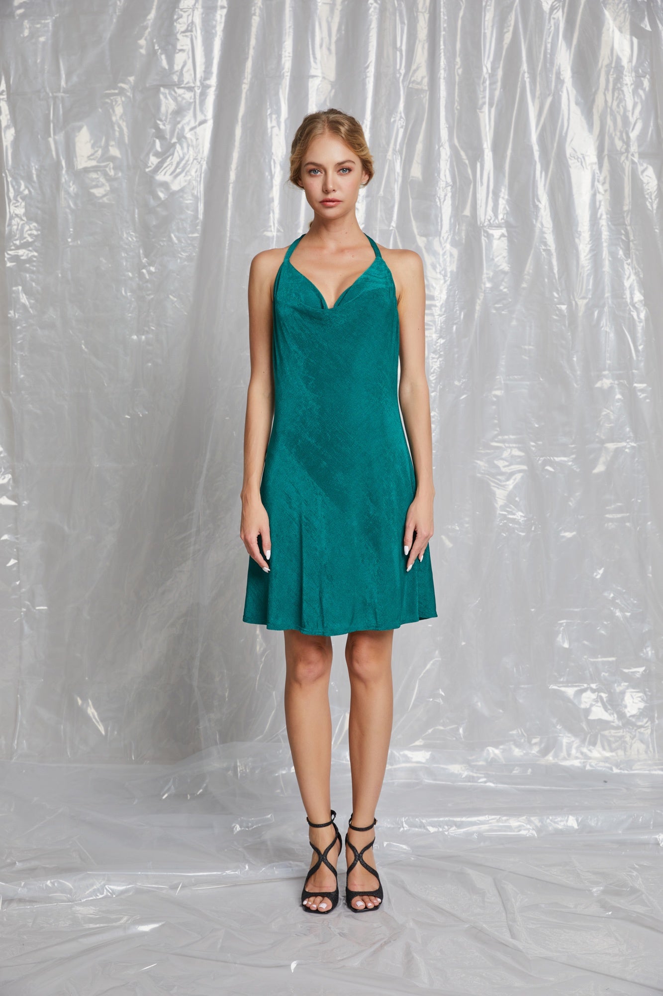 Alias Emerald Halter-Neck Satin Mini Dress – Green Cowl Front A-Line Dress