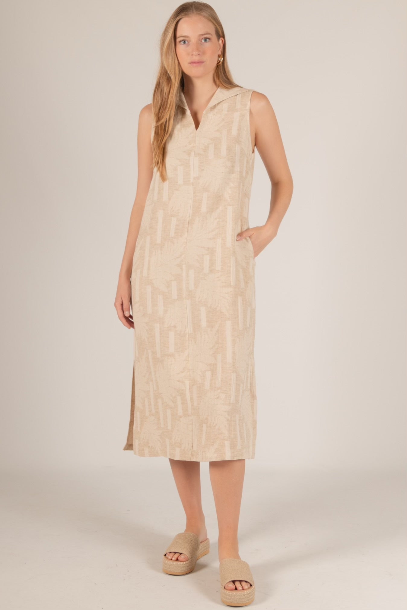 Linen Palm Collared Midi Dress