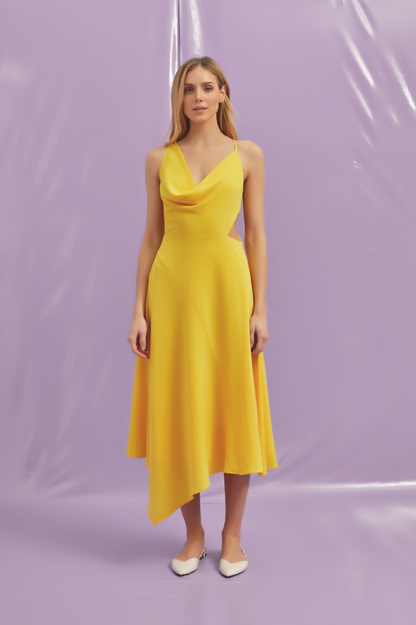 UNBALANCED COWL NECK SLEEVELESS MIDI DRESS