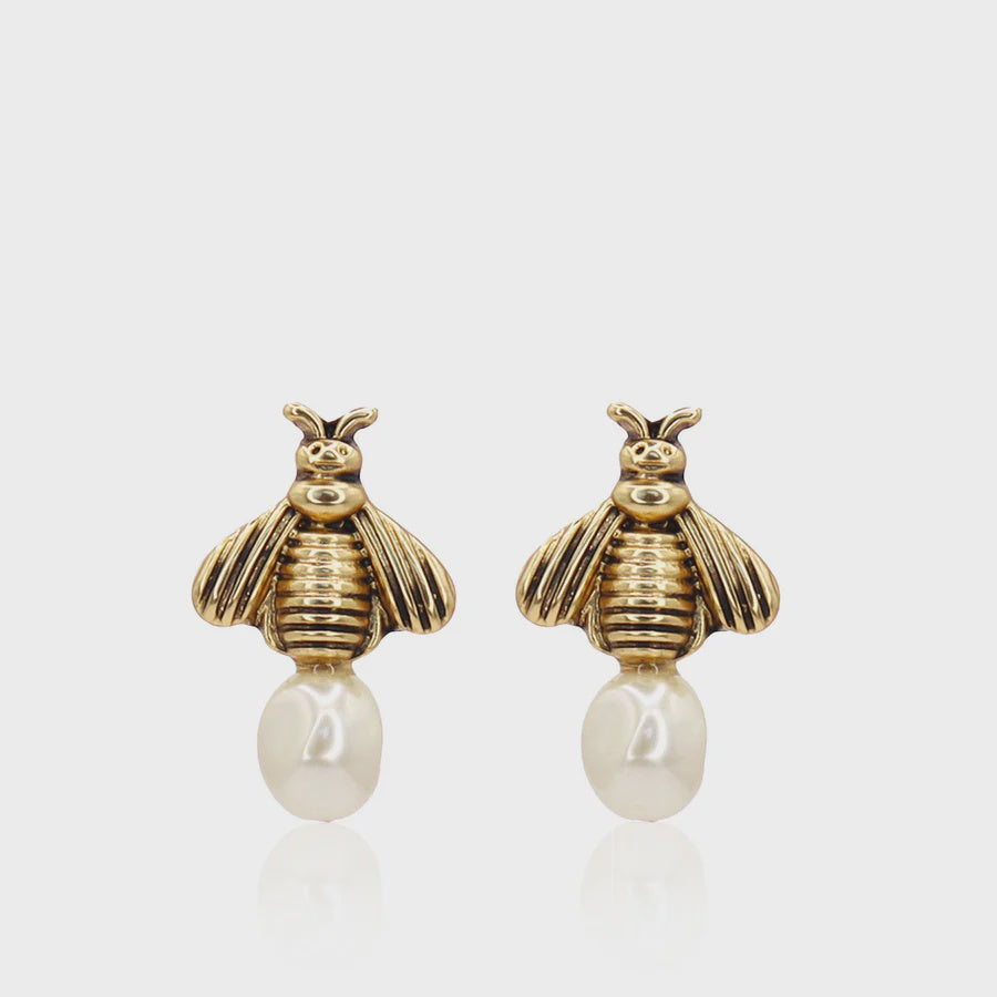 Bee Stud Earrings – Gold Plated with Pearl Accent