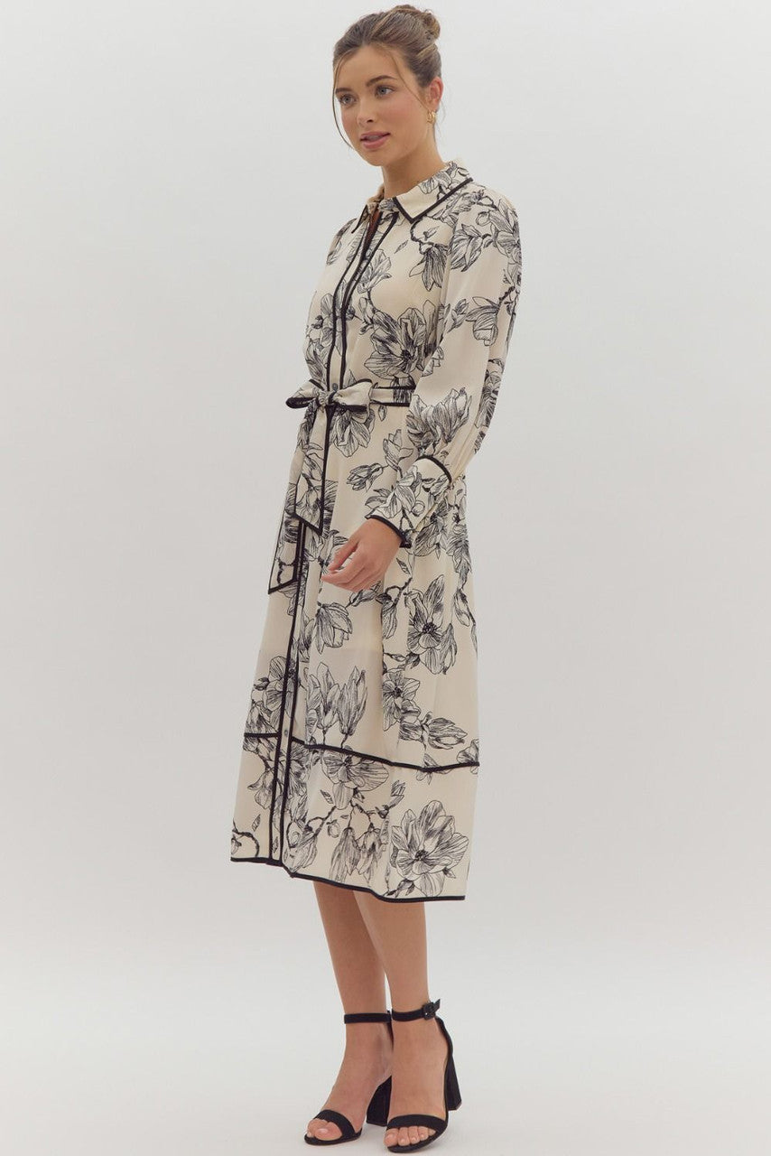 Cream abstract print  midi  dress