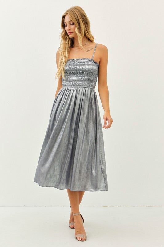 Flowy Metallic Smocked Midi Dress With Ruffles