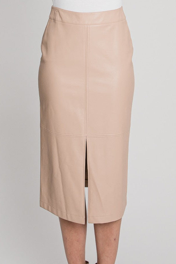 Faux Leather Midi Skirt with Front Slit