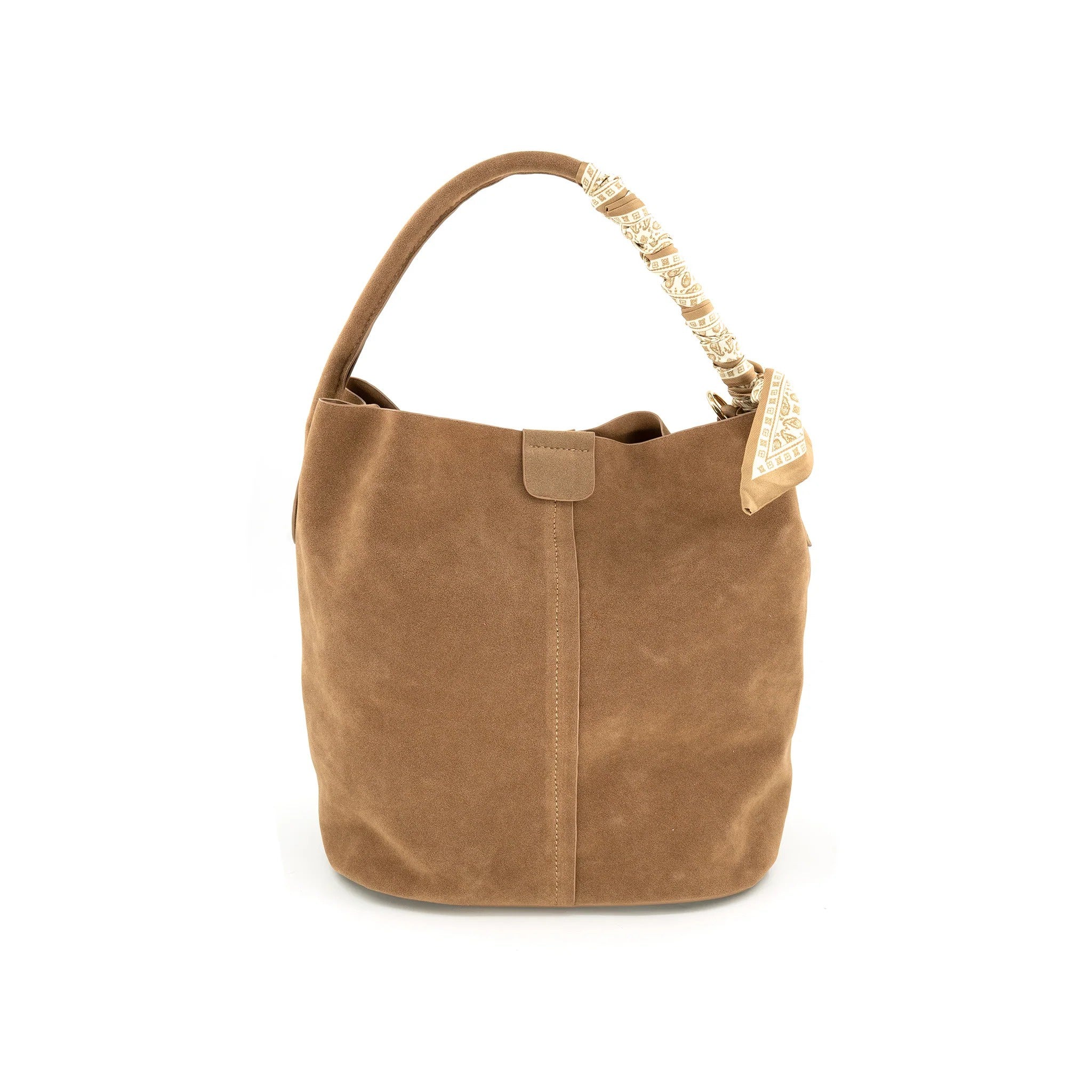 Faux Suede Shoulder Bag with Printed Scarf Handle – Soft Vegan Hobo Tote