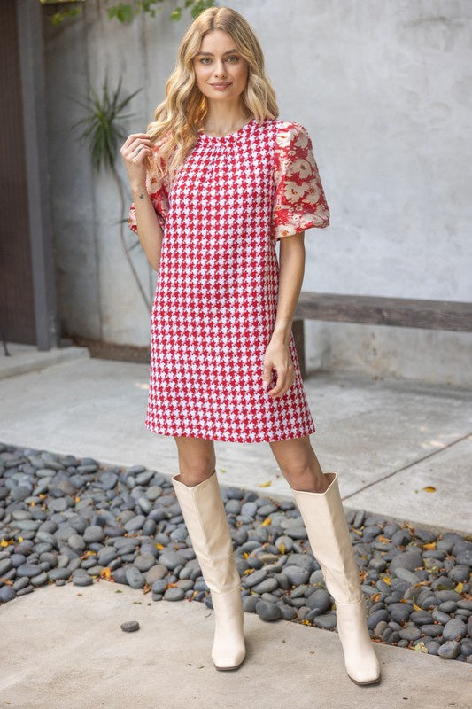 Floral Bubble Sleeve Houndstooth Dress
