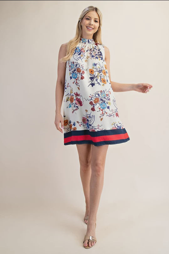 Floral Mini Shift Dress – Sleeveless Summer Cocktail Dress with High Neck