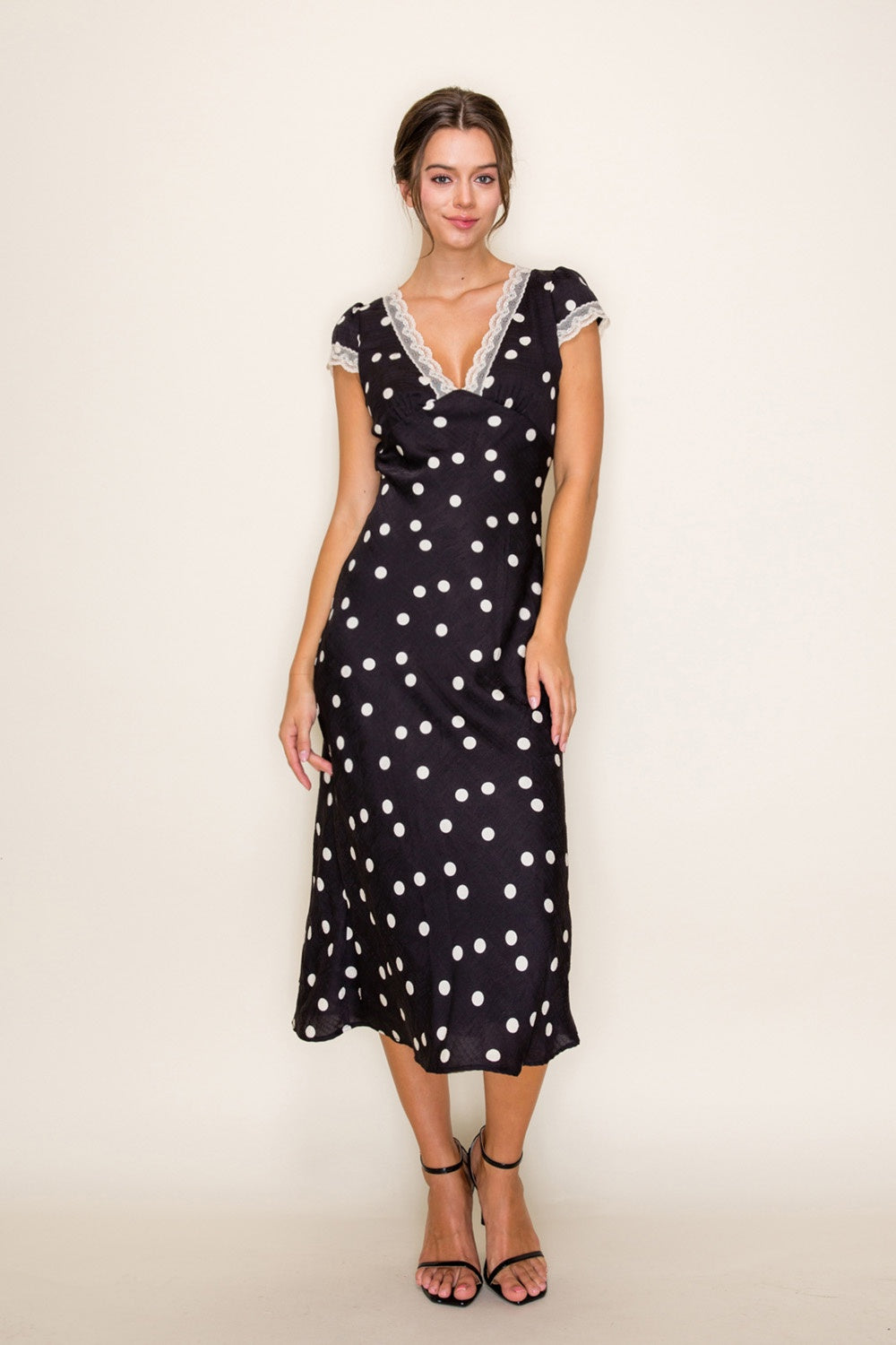 Black Polka Dot Midi Dress – V-Neck Lace Trim Elegant Summer Dress