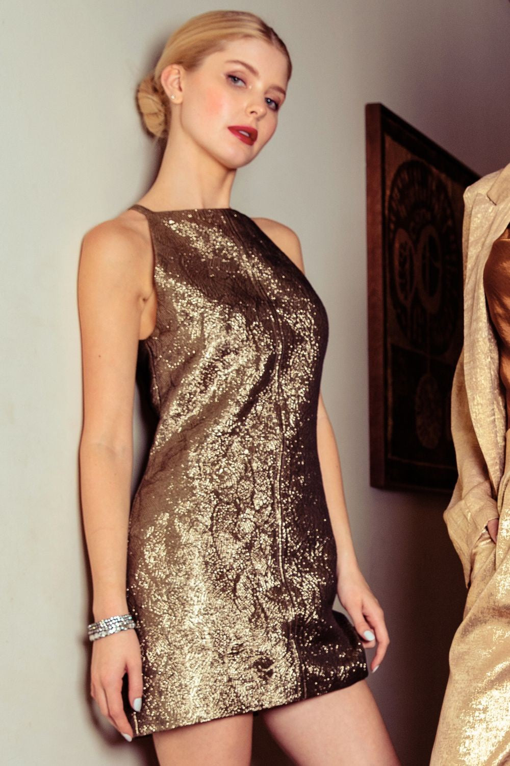 Halter Neck Sleeveless Lurex Mini Dress