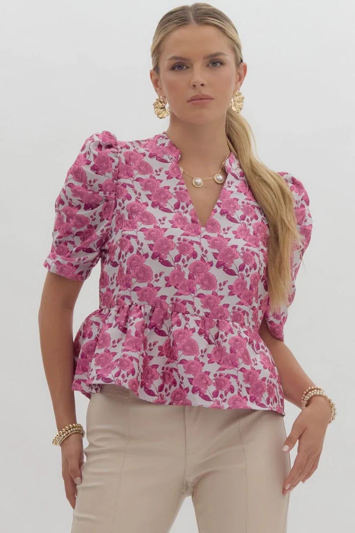 pink short  puff-sleeve top