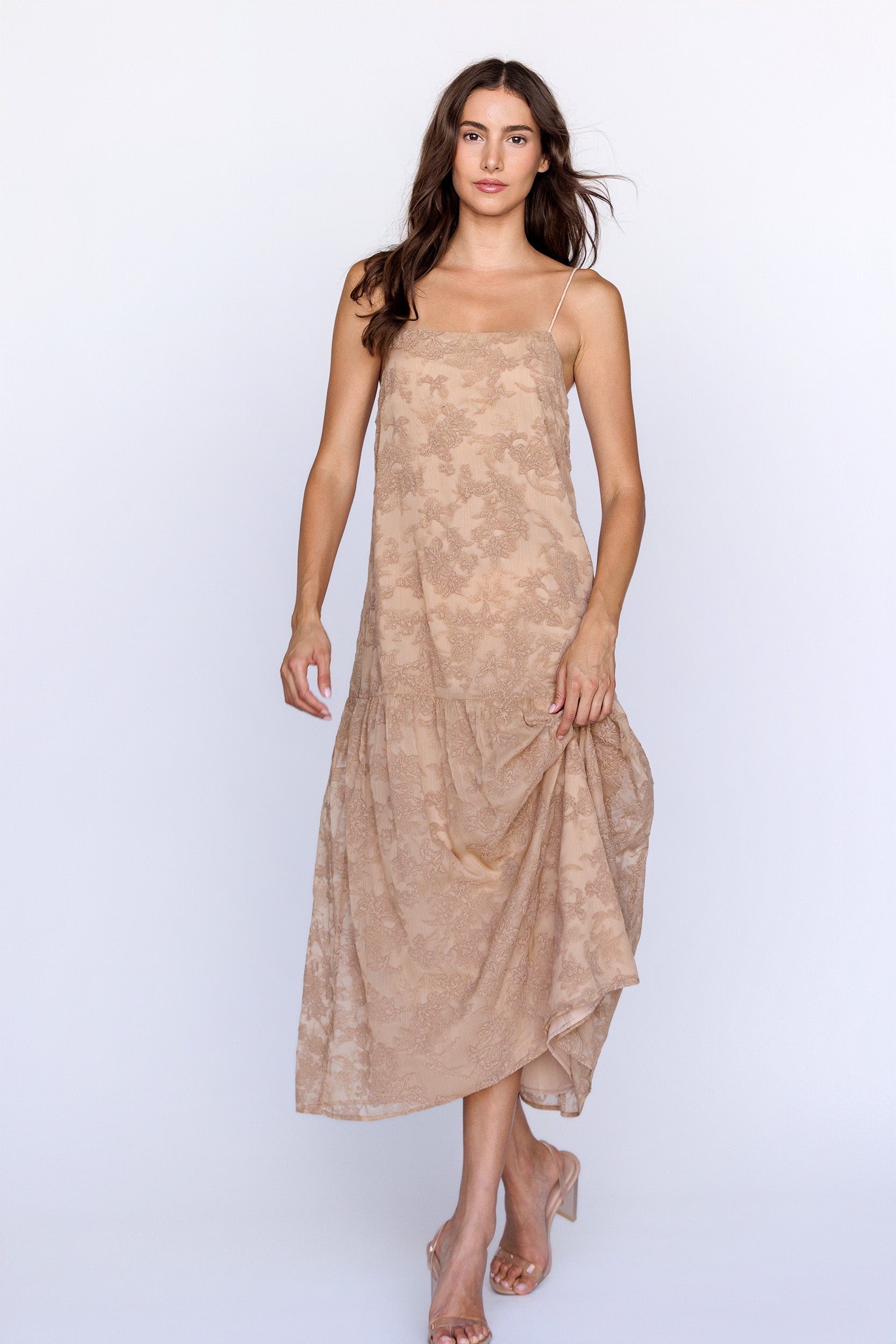 Beige Floral Midi Dress – Spaghetti Strap Slip Dress