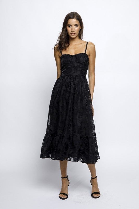Leaves Mesh A Line Midi Dress