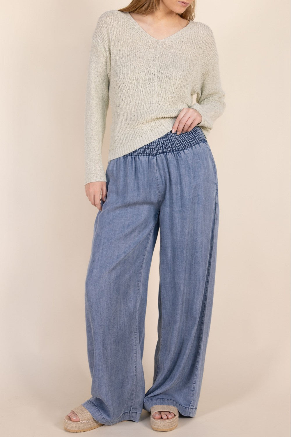 Tencel Wide Leg Pants with Smocked Waist