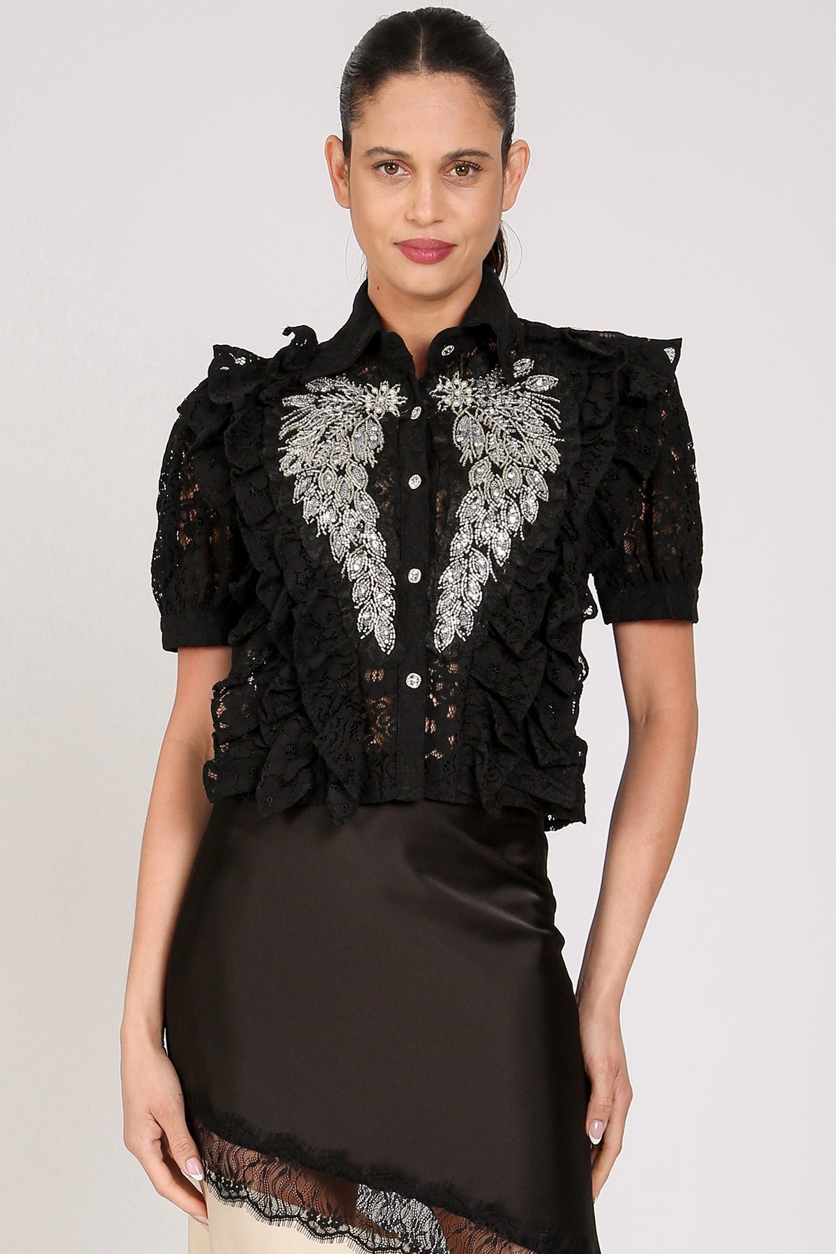 Black Lace Top with Crystal Embellishment – Ruffle Collar Blouse