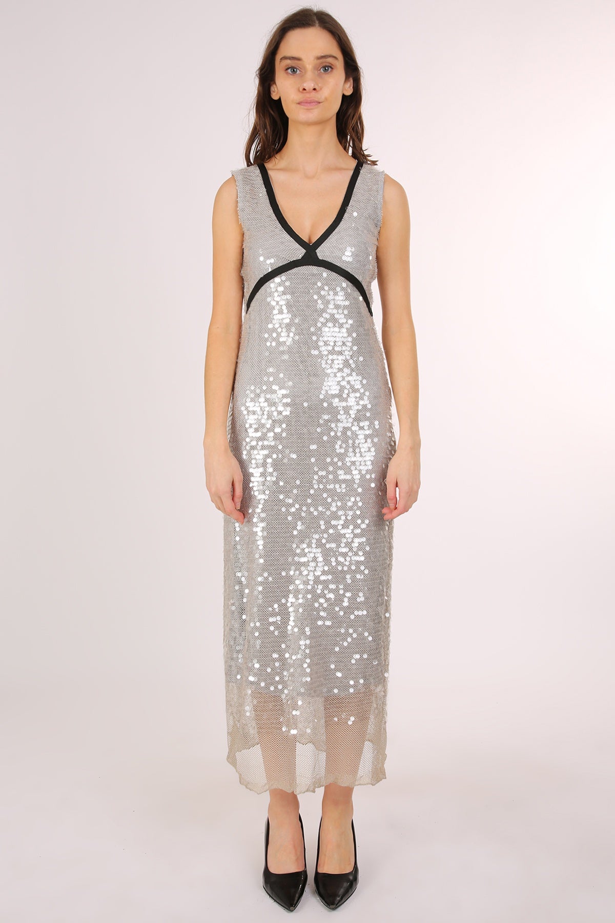 Silver Sequin Midi Dress – V-Neck Sleeveless Party Dress with Black Trim