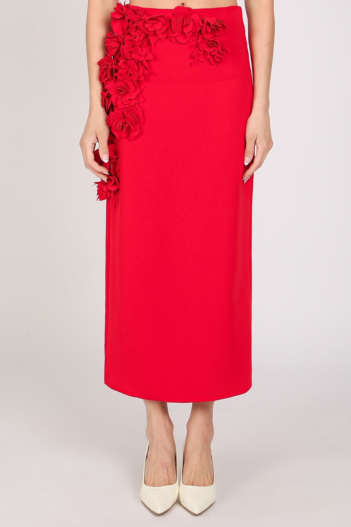 Red Midi Skirt with 3D Floral Applique – Statement Pencil Skirt