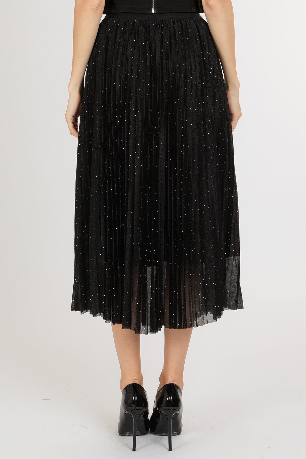Black Tulle Midi Skirt with Crystal Waistband – Pleated Sparkle Skirt
