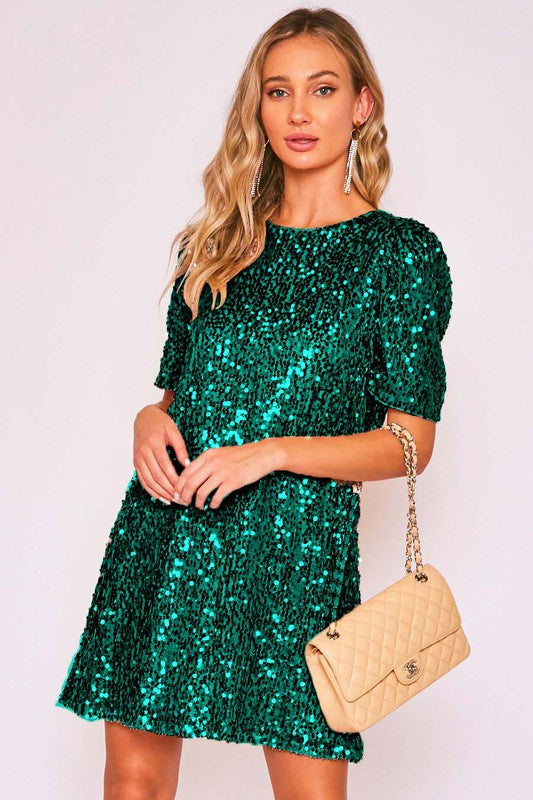 ROUND NECK PUFF SHOULDER SEQUIN DRESS