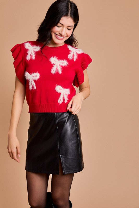 ROUND NECK RUFFLE SLEEVE BOWS KNIT TOP