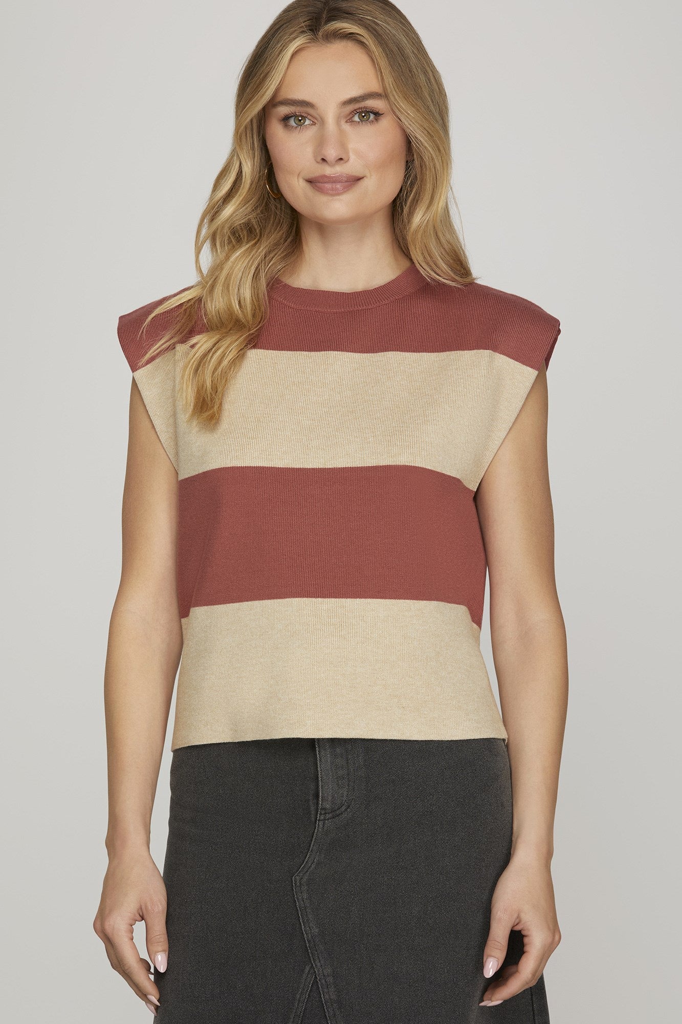 Round Neck Sleeveless Striped Sweater Top – Casual Knit Tank