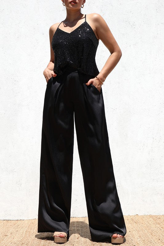 SEQUIN TOP AND SATIN PANT SET