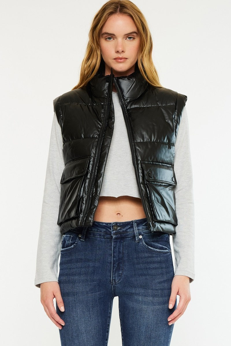 Sleeveless Black Cropped Puffer Vest – Lightweight Quilted PU Jacket