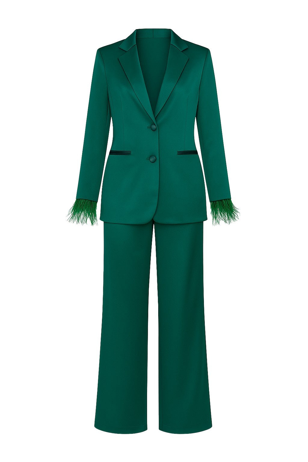 Suit Set with Detachable Feather Sleeve Cuffs – Blazer & Wide-Leg Pants