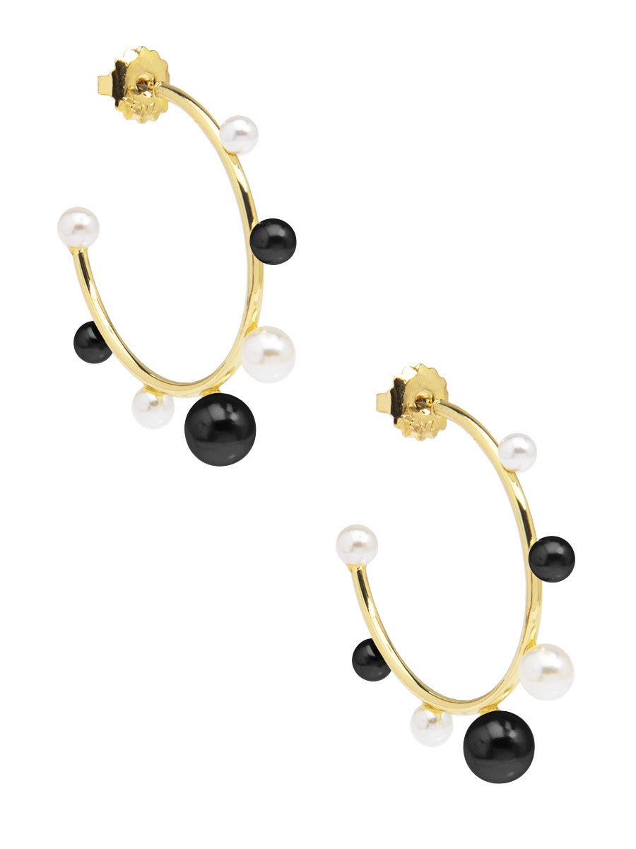 Small Gold Hoop Earrings with Mixed Pearl Beads – Elegant Black & White Statement Hoops