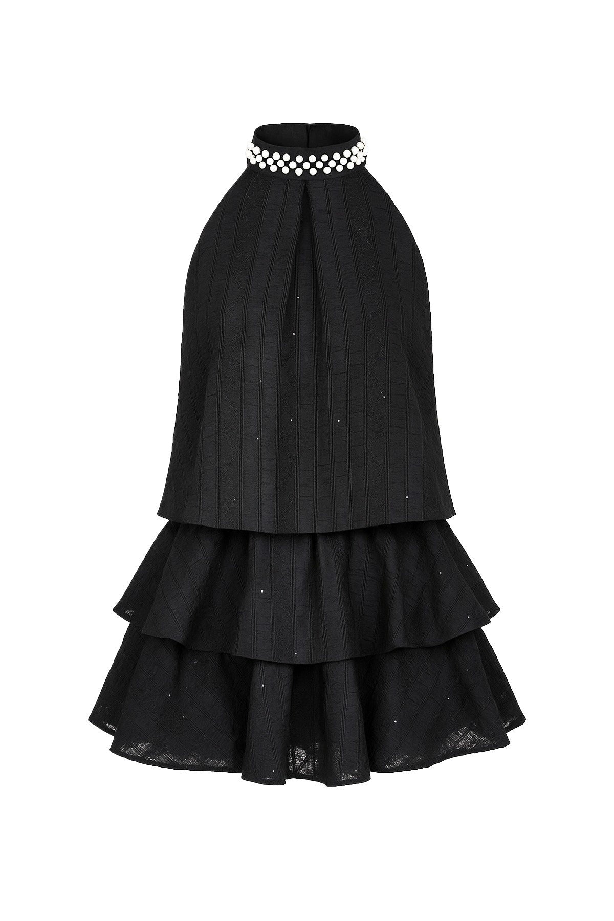 Soft Pearl Elegance Sleeveless Top – Black Halter Neck Blouse with Pearl Detail