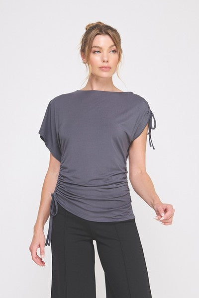 Soft modal knit asymmetric ruched tie top