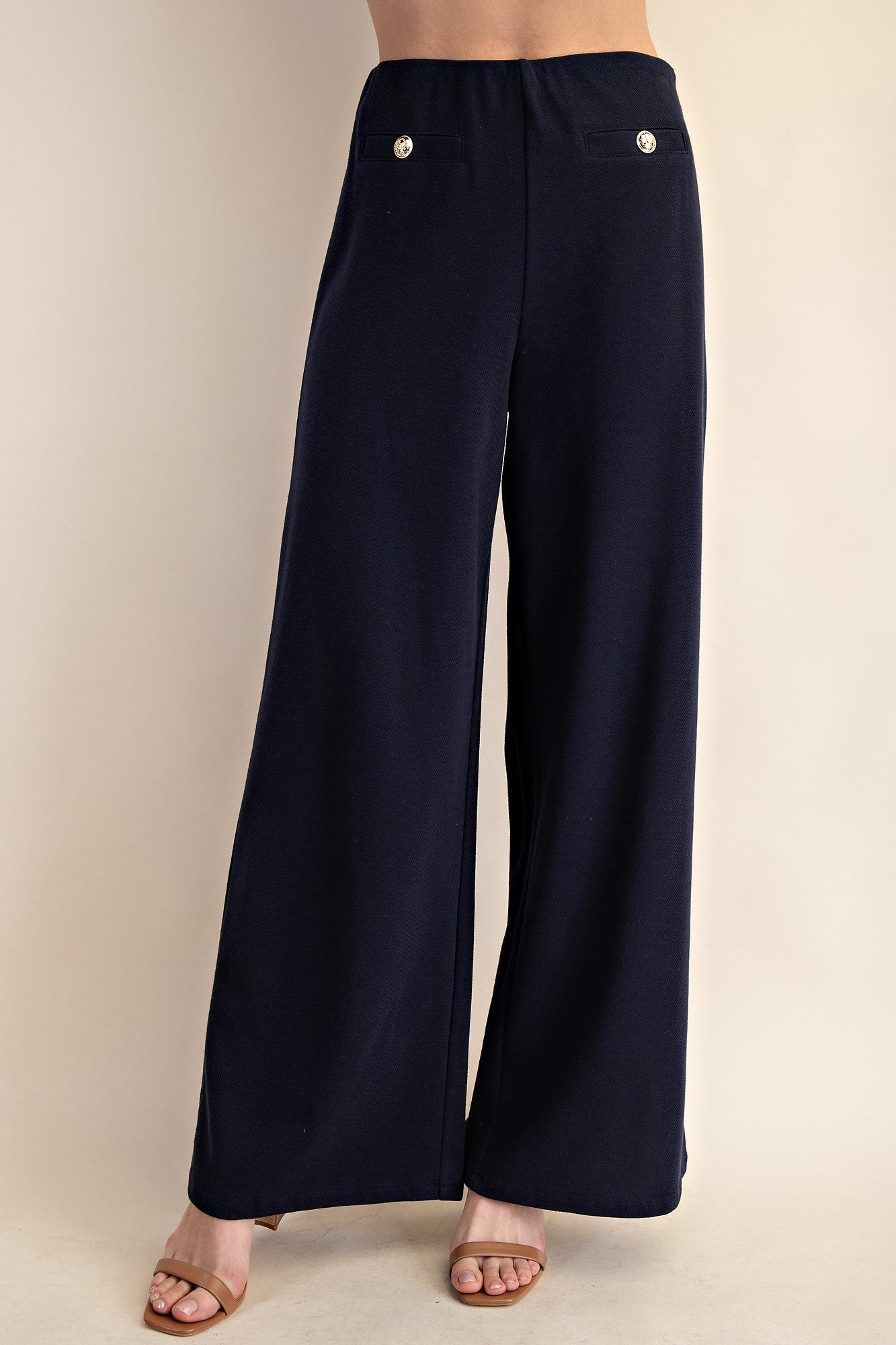 Classic Navy Straight-Leg Pants with Decorative Gold Buttons